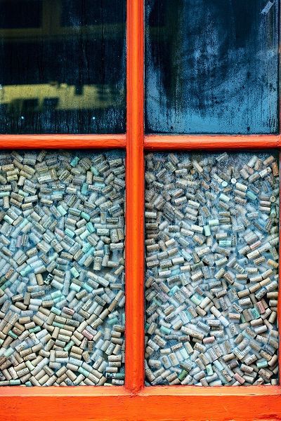 Colorful window full of wine corks in Ennistymon-Ireland